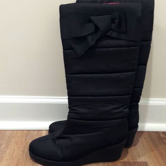 Kate Spade Tall Black Wedge Bow Winter Boots Sz 10 - Picture 2 of 11